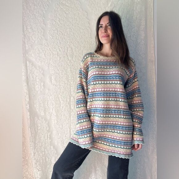 Vintage Pastel Multi-Patterned Knit Crossings Jumper Sweater – 100% Cotton - Picture 7 of 13